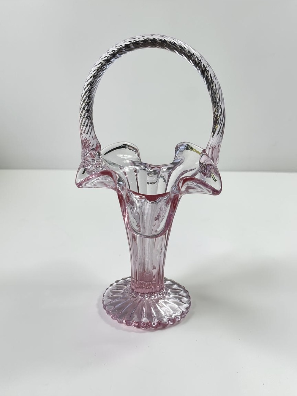 Vintage Fenton Rose Pink Art Glass Basket Twisted Handle 8.5" Handmade in USA